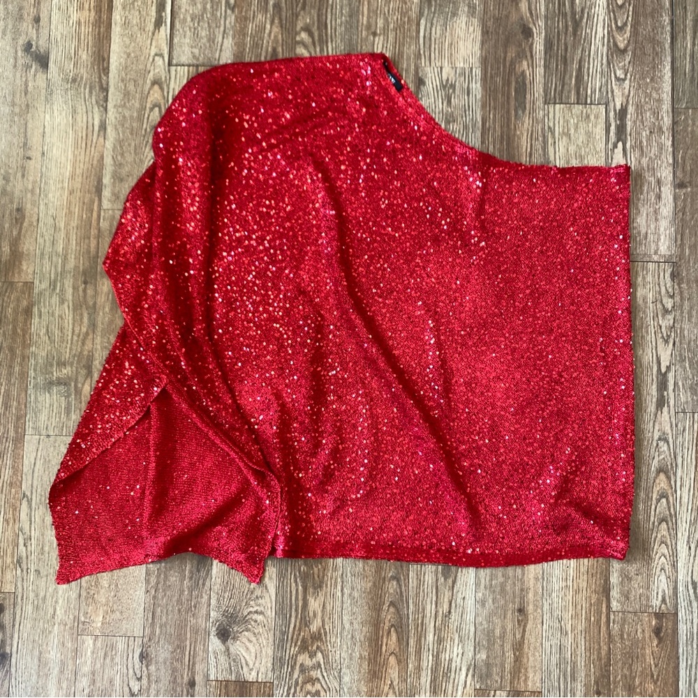 Alfani Knit Shawl Red L/XL Off Shoulder Sequin Pullover Holiday Party Poncho